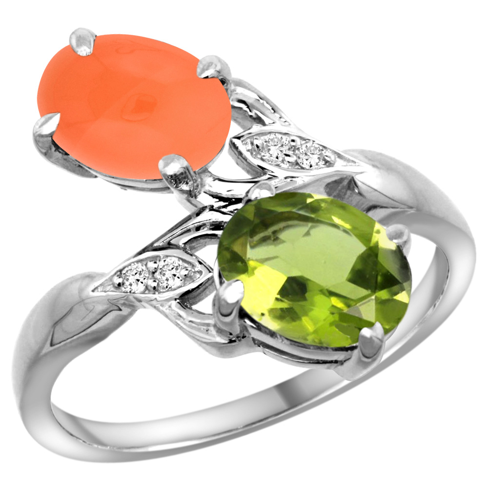 14K WHITE GOLD DIAMOND NATURAL PERIDOT & ORANGE MOONSTONE 2-STONE RING OVAL 8X6MM, SIZES 5 - 10