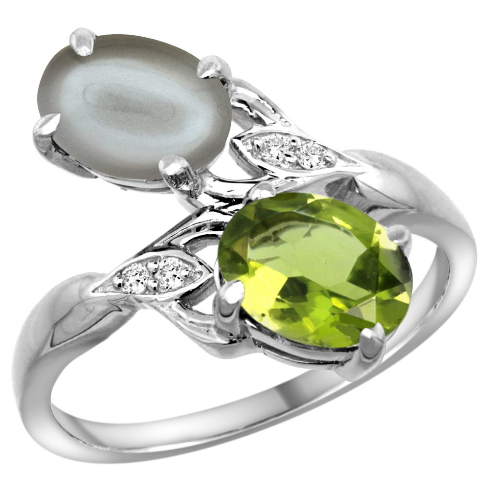 14K WHITE GOLD DIAMOND NATURAL PERIDOT & GRAY MOONSTONE 2-STONE RING OVAL 8X6MM, SIZES 5 - 10