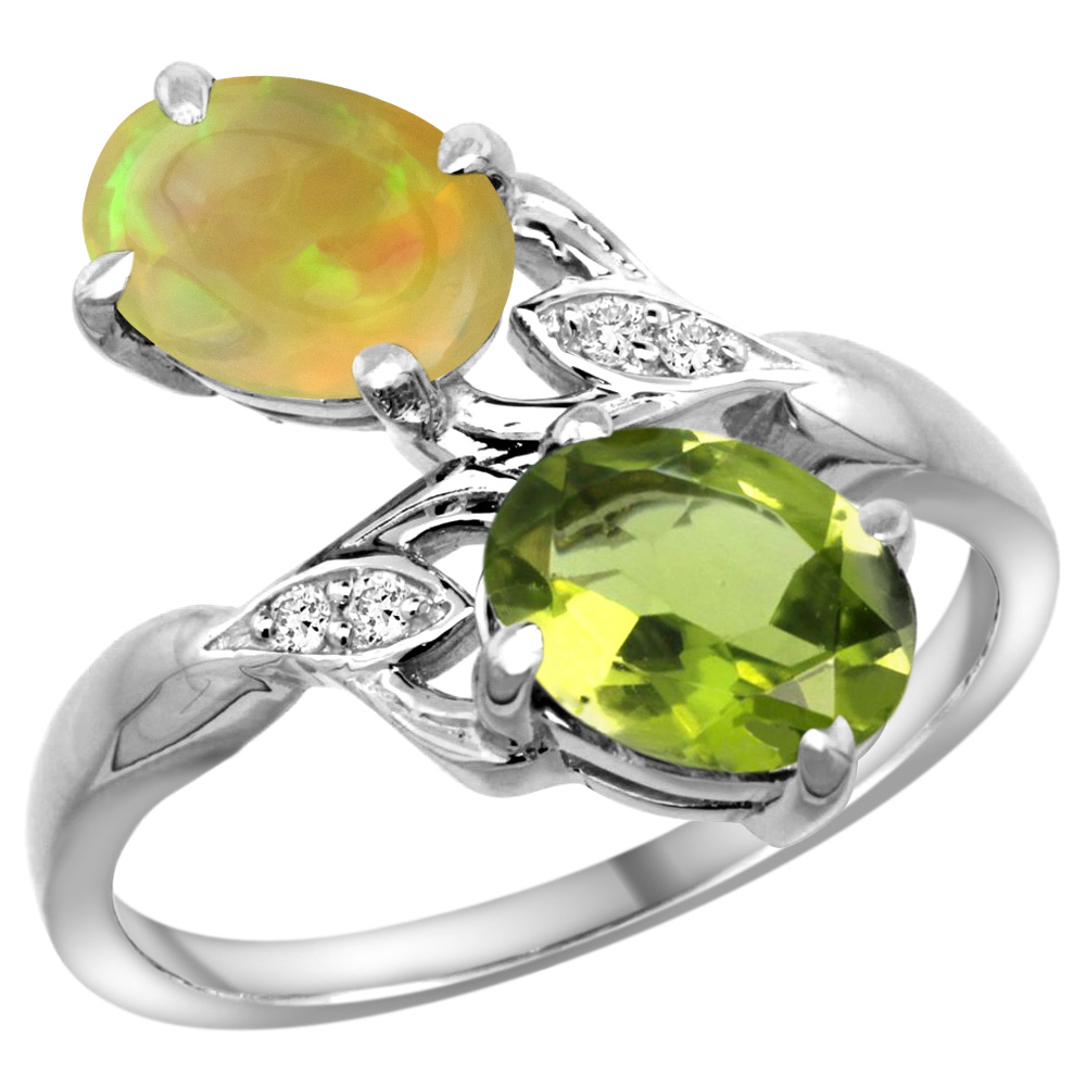 14K WHITE GOLD DIAMOND NATURAL PERIDOT & ETHIOPIAN OPAL 2-STONE MOTHERS RING OVAL 8X6MM, SIZE 5 - 10