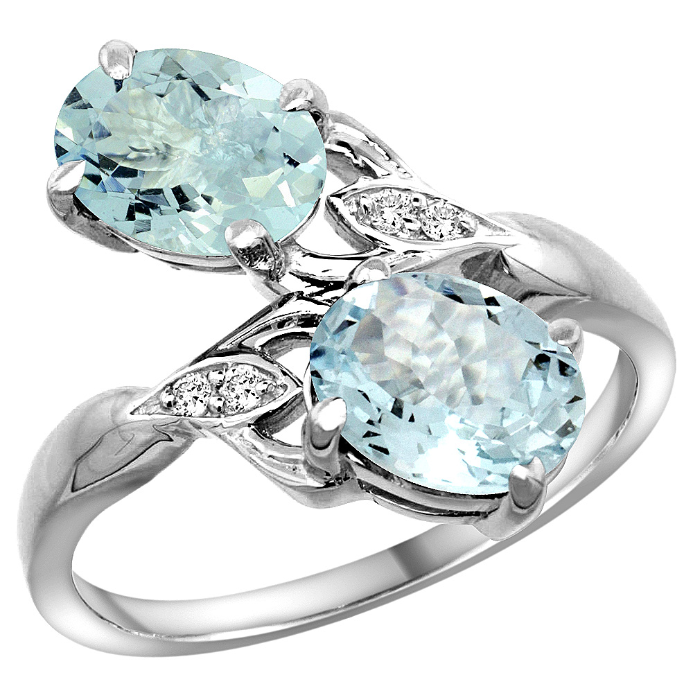 14K WHITE GOLD DIAMOND NATURAL AQUAMARINE 2-STONE RING OVAL 8X6MM, SIZES 5 - 10