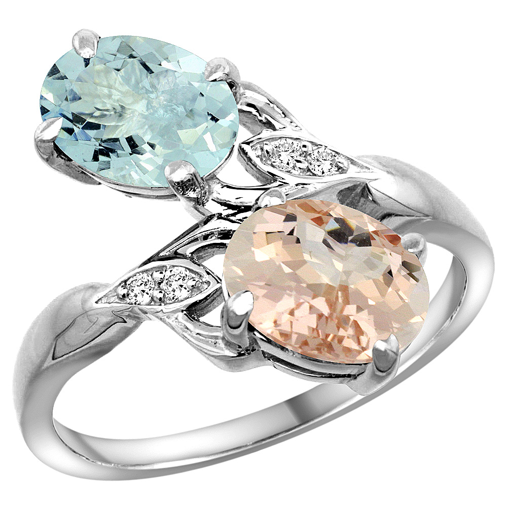 14K WHITE GOLD DIAMOND NATURAL AQUAMARINE & MORGANITE 2-STONE RING OVAL 8X6MM, SIZES 5 - 10
