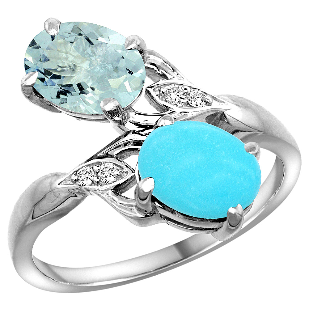 14k White Gold Diamond Natural Aquamarine &amp; Turquoise 2-stone Ring Oval 8x6mm, sizes 5 - 10