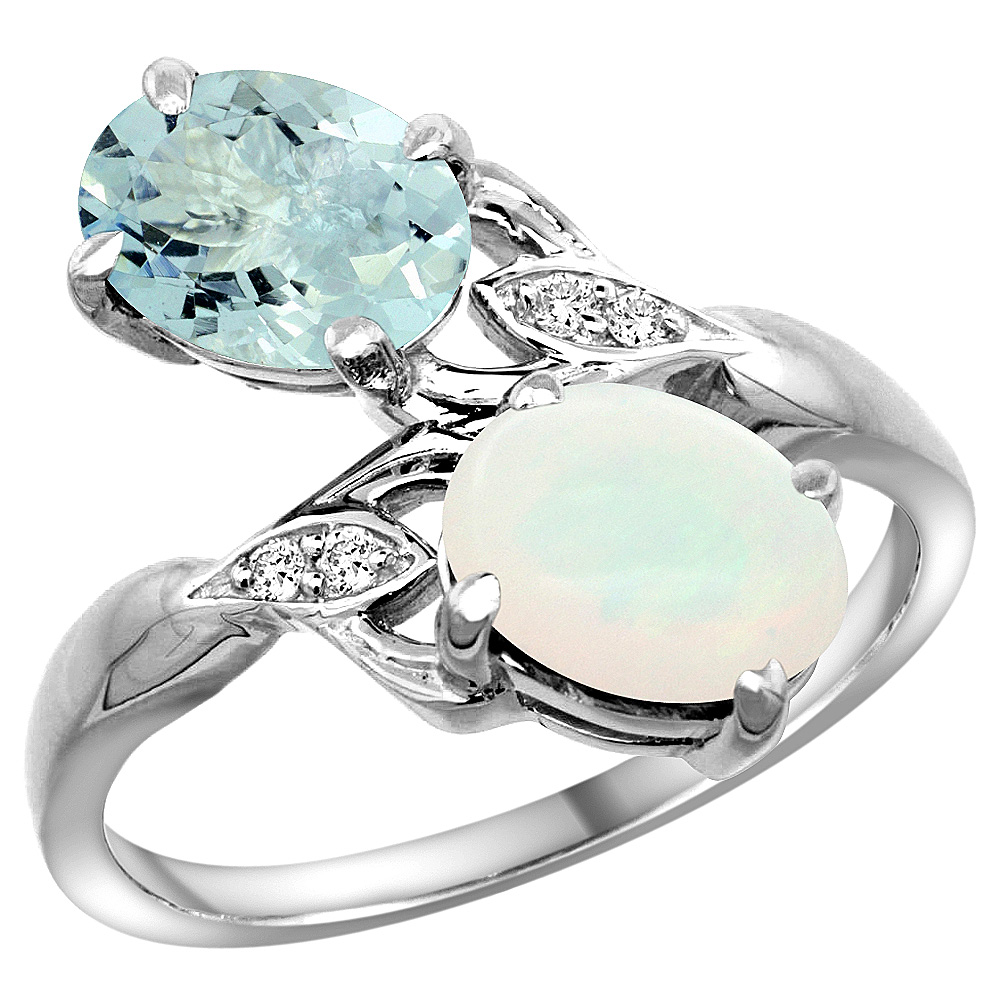 14K WHITE GOLD DIAMOND NATURAL AQUAMARINE & OPAL 2-STONE RING OVAL 8X6MM, SIZES 5 - 10