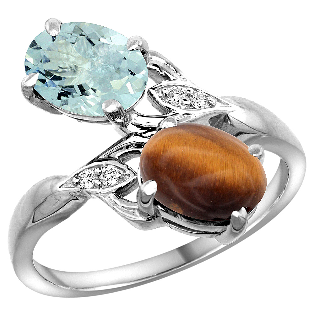 14K WHITE GOLD DIAMOND NATURAL AQUAMARINE & TIGER EYE 2-STONE RING OVAL 8X6MM, SIZES 5 - 10