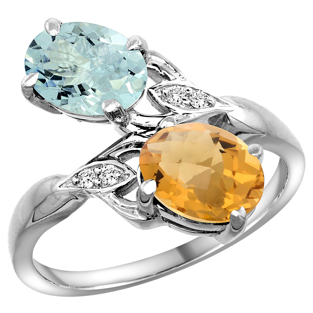 14K WHITE GOLD DIAMOND NATURAL AQUAMARINE & WHISKY QUARTZ 2-STONE RING OVAL 8X6MM, SIZES 5 - 10