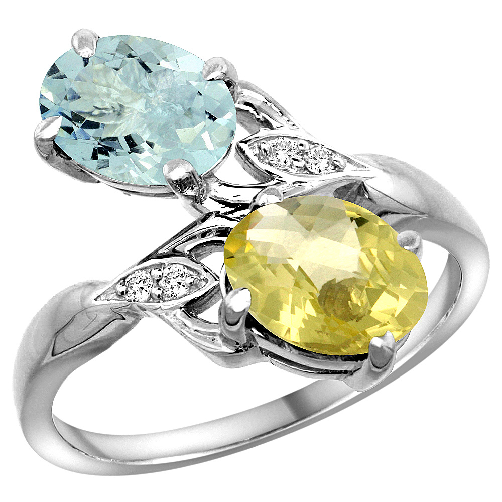 14k White Gold Diamond Natural Aquamarine &amp; Lemon Quartz 2-stone Ring Oval 8x6mm, sizes 5 - 10