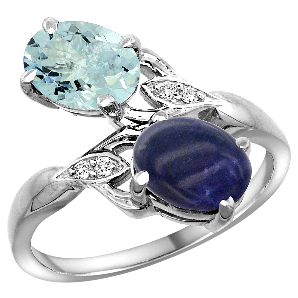 14K WHITE GOLD DIAMOND NATURAL AQUAMARINE & LAPIS 2-STONE RING OVAL 8X6MM, SIZES 5 - 10