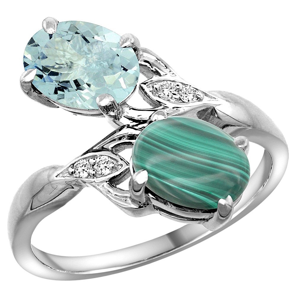 14K WHITE GOLD DIAMOND NATURAL AQUAMARINE & MALACHITE 2-STONE RING OVAL 8X6MM, SIZES 5 - 10