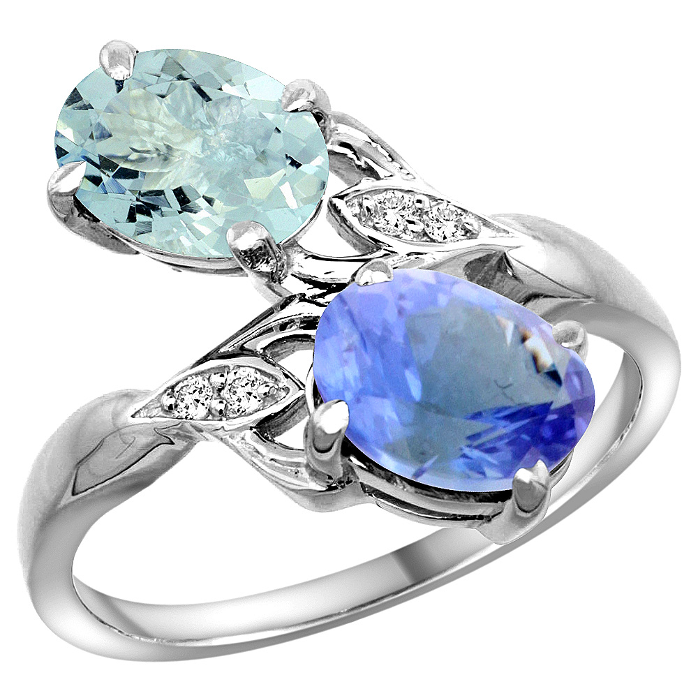 14K WHITE GOLD DIAMOND NATURAL AQUAMARINE & TANZANITE 2-STONE RING OVAL 8X6MM, SIZES 5 - 10
