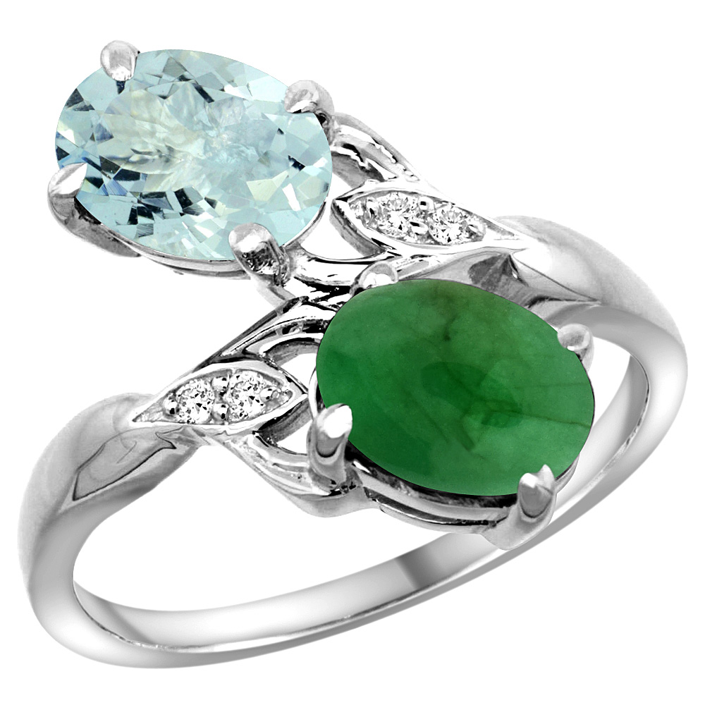 14K WHITE GOLD DIAMOND NATURAL AQUAMARINE & CABOCHON EMERALD 2-STONE RING OVAL 8X6MM, SIZES 5 - 10