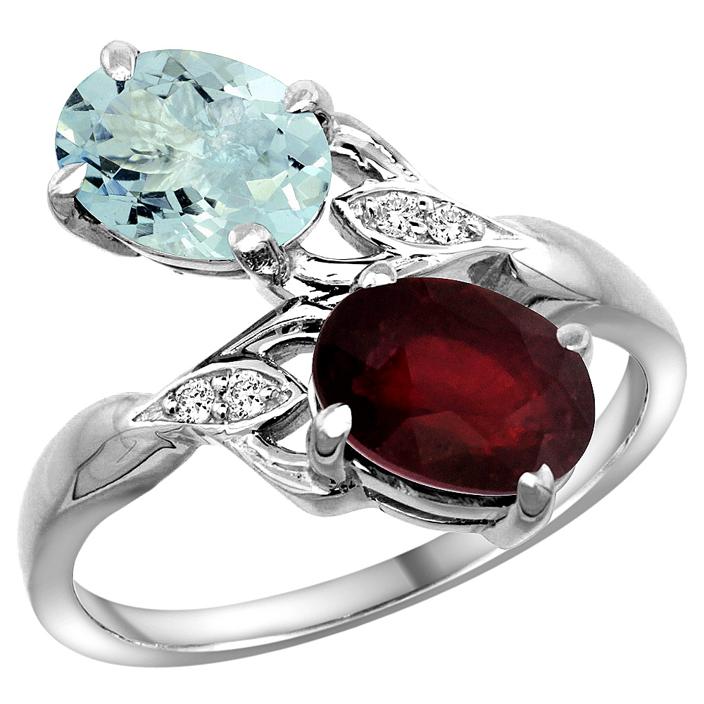 14K WHITE GOLD DIAMOND NATURAL AQUAMARINE & QUALITY RUBY 2-STONE MOTHERS RING OVAL 8X6MM, SIZE 5 - 10