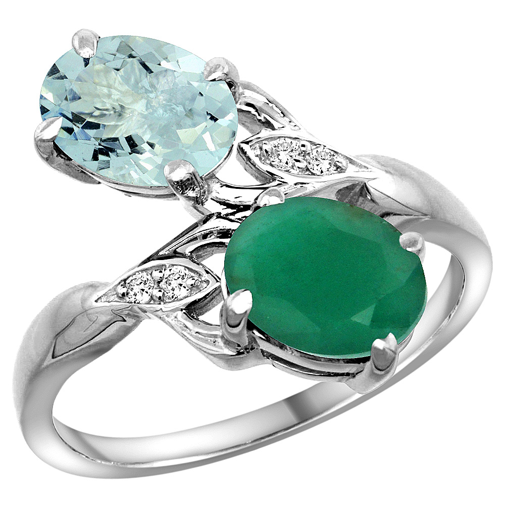 14k White Gold Diamond Natural Aquamarine & Quality Emerald 2-stone Mothers Ring Oval 8x6mm, size 5 - 10