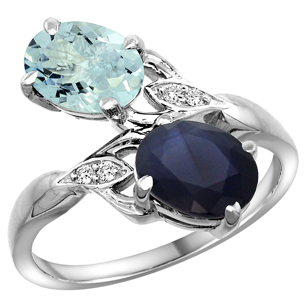 10K White Gold Diamond Natural Aquamarine&amp;Quality Blue Sapphire 2-stone Mothers Ring Oval 8x6mm,size 5-10