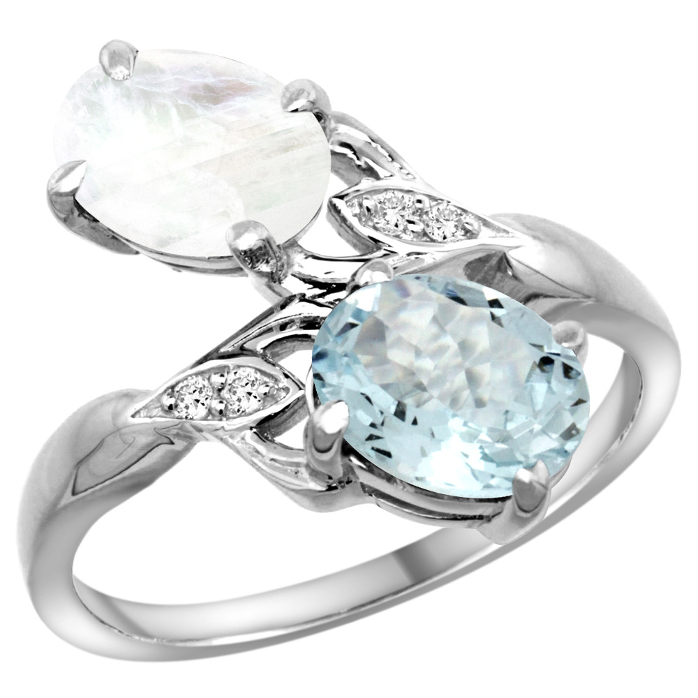 14K WHITE GOLD DIAMOND NATURAL AQUAMARINE & RAINBOW MOONSTONE 2-STONE RING OVAL 8X6MM, SIZES 5 - 10