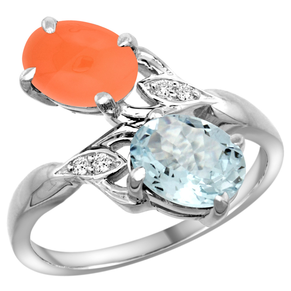 14K WHITE GOLD DIAMOND NATURAL AQUAMARINE & ORANGE MOONSTONE 2-STONE RING OVAL 8X6MM, SIZES 5 - 10
