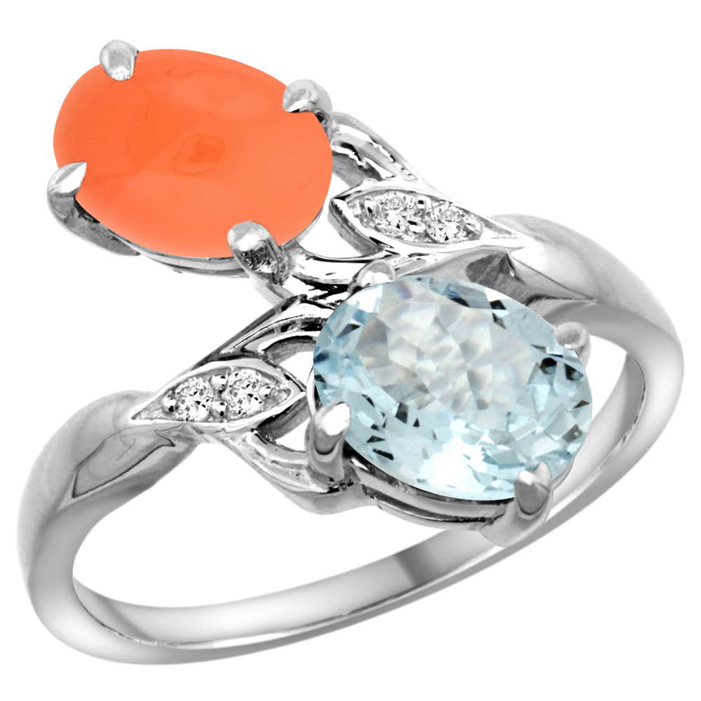 14k White Gold Diamond Natural Aquamarine &amp; Orange Moonstone 2-stone Ring Oval 8x6mm, sizes 5 - 10