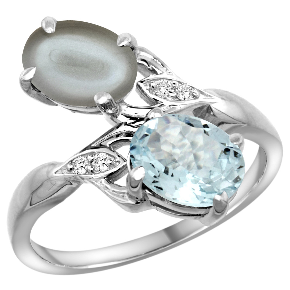 14K WHITE GOLD DIAMOND NATURAL AQUAMARINE & GRAY MOONSTONE 2-STONE RING OVAL 8X6MM, SIZES 5 - 10