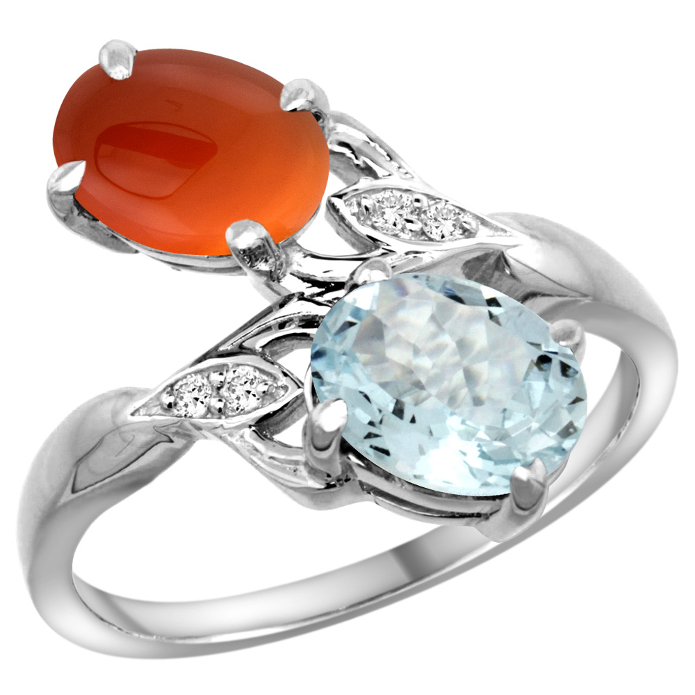 14K WHITE GOLD DIAMOND NATURAL AQUAMARINE & BROWN AGATE 2-STONE RING OVAL 8X6MM, SIZES 5 - 10