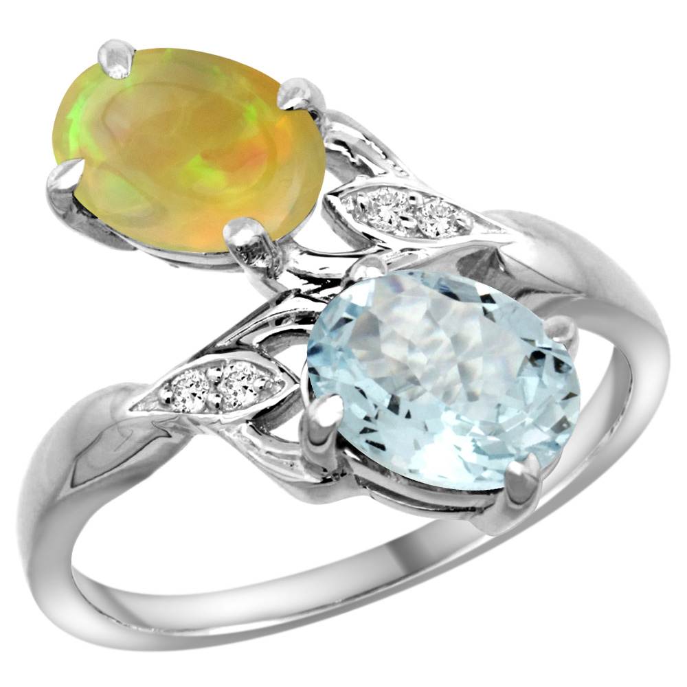 14k White Gold Diamond Natural Aquamarine & Ethiopian Opal 2-stone Mothers Ring Oval 8x6mm, size 5 - 10