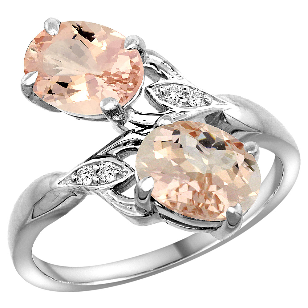 14K WHITE GOLD DIAMOND NATURAL MORGANITE 2-STONE RING OVAL 8X6MM, SIZES 5 - 10