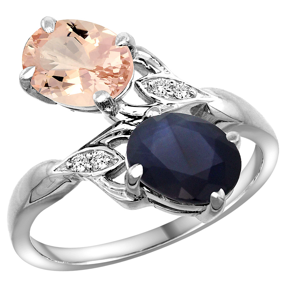 14K WHITE GOLD DIAMOND NATURAL MORGANITE & BLUE SAPPHIRE 2-STONE RING OVAL 8X6MM, SIZES 5 - 10