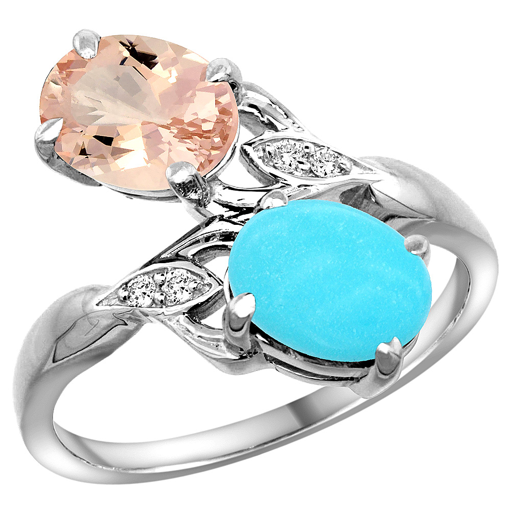 14K WHITE GOLD DIAMOND NATURAL MORGANITE & TURQUOISE 2-STONE RING OVAL 8X6MM, SIZES 5 - 10