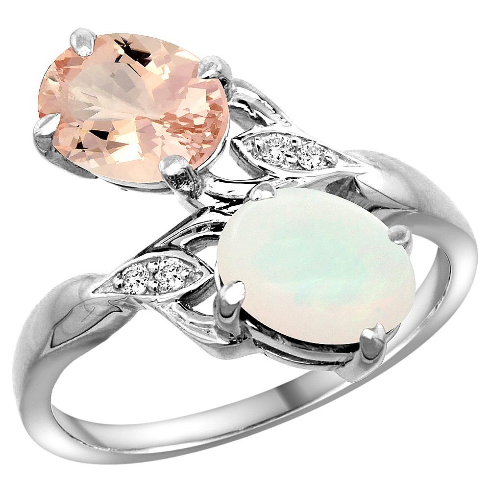 14K WHITE GOLD DIAMOND NATURAL MORGANITE & OPAL 2-STONE RING OVAL 8X6MM, SIZES 5 - 10