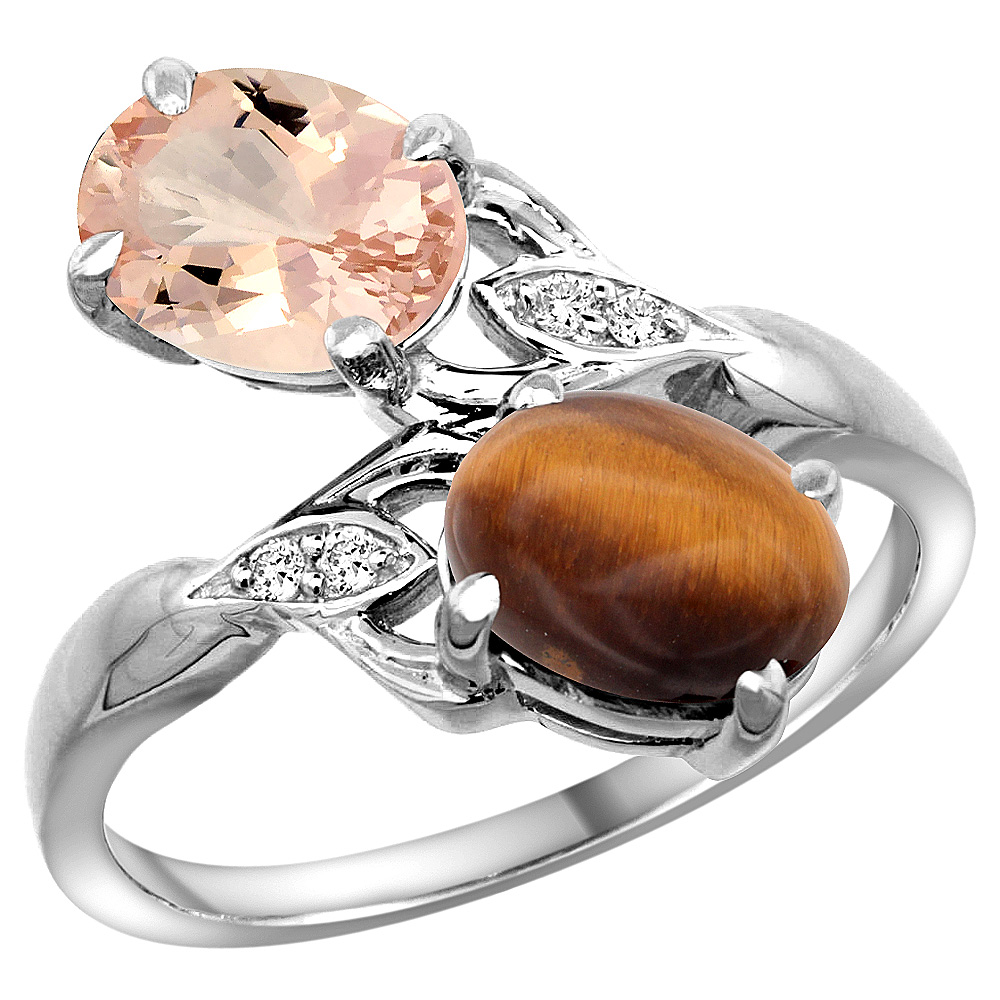 14K WHITE GOLD DIAMOND NATURAL MORGANITE & TIGER EYE 2-STONE RING OVAL 8X6MM, SIZES 5 - 10