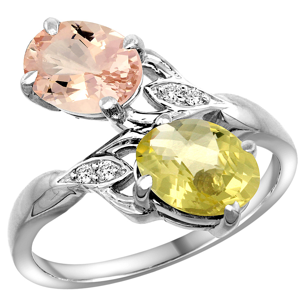 14k White Gold Diamond Natural Morganite &amp; Lemon Quartz 2-stone Ring Oval 8x6mm, sizes 5 - 10