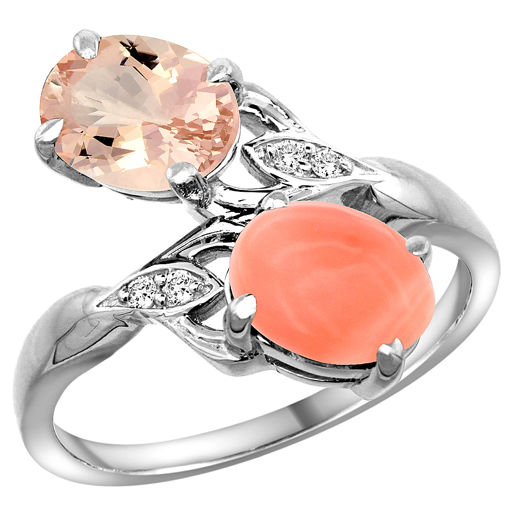 14K WHITE GOLD DIAMOND NATURAL MORGANITE & CORAL 2-STONE RING OVAL 8X6MM, SIZES 5 - 10