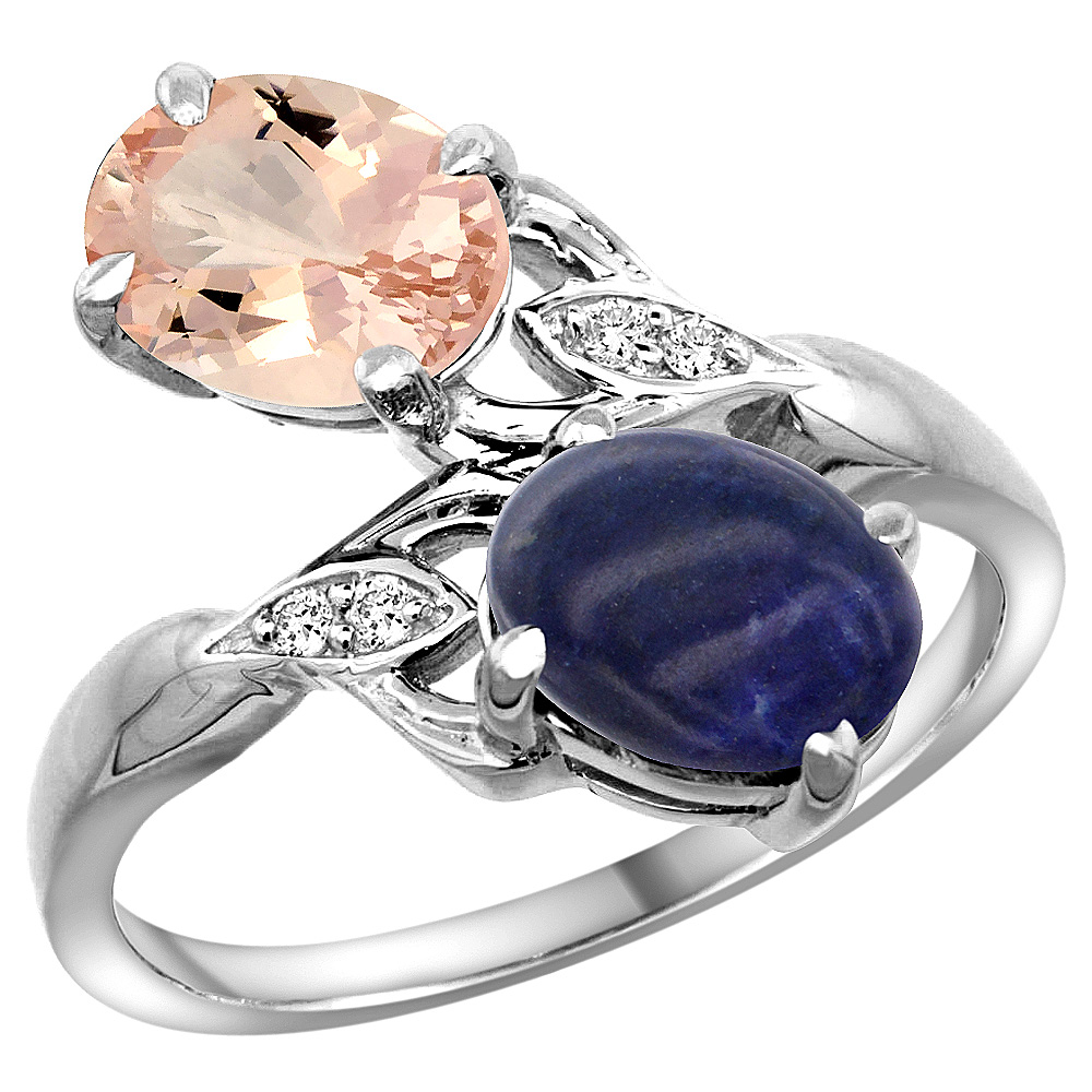 14K WHITE GOLD DIAMOND NATURAL MORGANITE & LAPIS 2-STONE RING OVAL 8X6MM, SIZES 5 - 10
