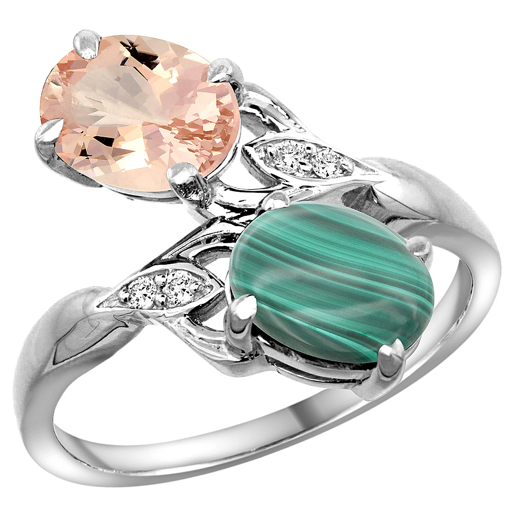 14K WHITE GOLD DIAMOND NATURAL MORGANITE & MALACHITE 2-STONE RING OVAL 8X6MM, SIZES 5 - 10