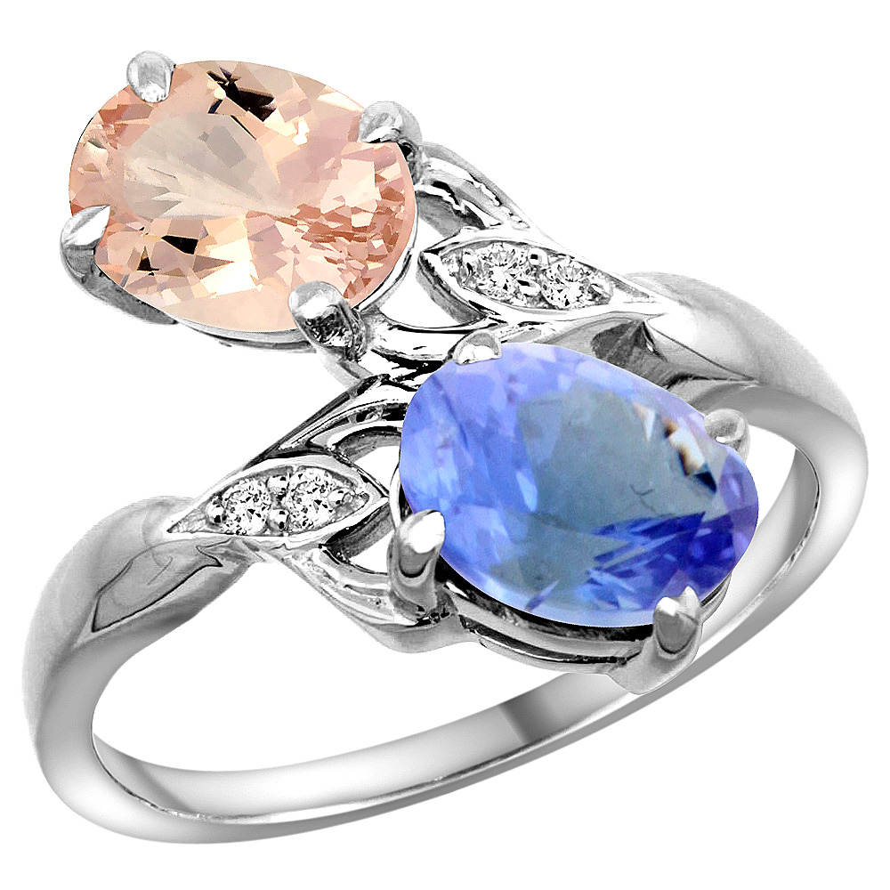 14K WHITE GOLD DIAMOND NATURAL MORGANITE & TANZANITE 2-STONE RING OVAL 8X6MM, SIZES 5 - 10
