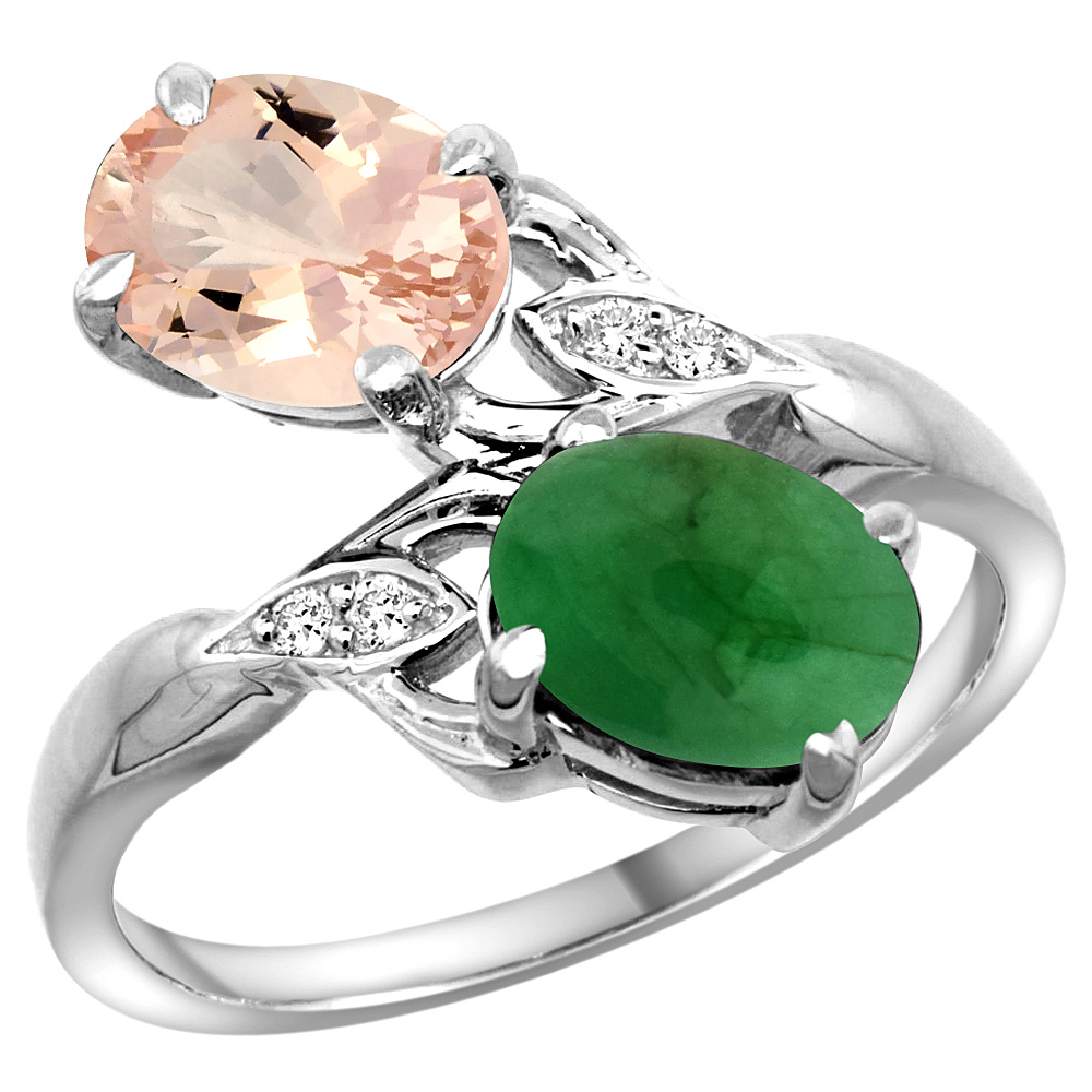 14k White Gold Diamond Natural Morganite &amp; Cabochon Emerald 2-stone Ring Oval 8x6mm, sizes 5 - 10