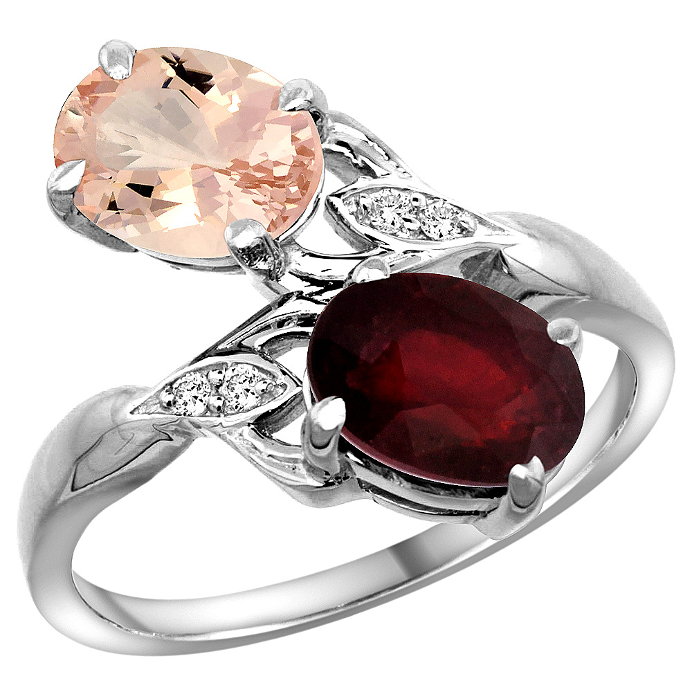 10K White Gold Diamond Natural Morganite &amp; Quality Ruby 2-stone Mothers Ring Oval 8x6mm, size 5 - 10