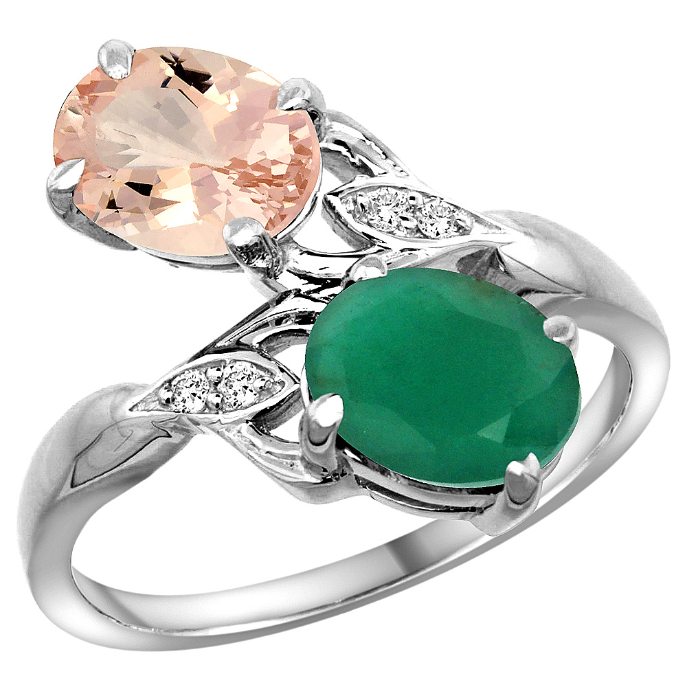14k White Gold Diamond Natural Morganite &amp; Quality Emerald 2-stone Mothers Ring Oval 8x6mm, size 5 - 10