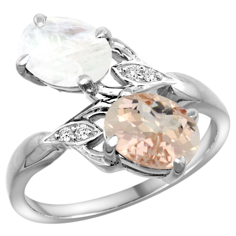 14K WHITE GOLD DIAMOND NATURAL MORGANITE & RAINBOW MOONSTONE 2-STONE RING OVAL 8X6MM, SIZES 5 - 10