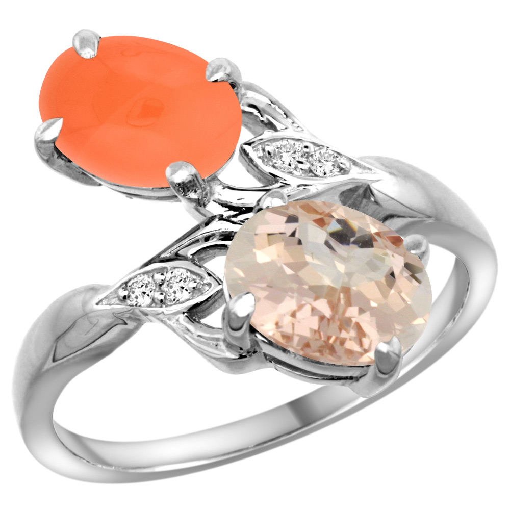 14K WHITE GOLD DIAMOND NATURAL MORGANITE & ORANGE MOONSTONE 2-STONE RING OVAL 8X6MM, SIZES 5 - 10