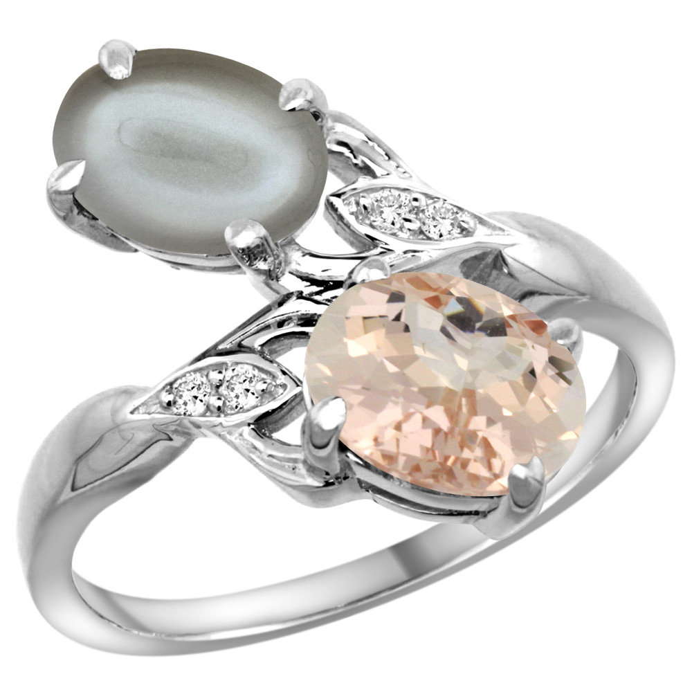 14K WHITE GOLD DIAMOND NATURAL MORGANITE & GRAY MOONSTONE 2-STONE RING OVAL 8X6MM, SIZES 5 - 10