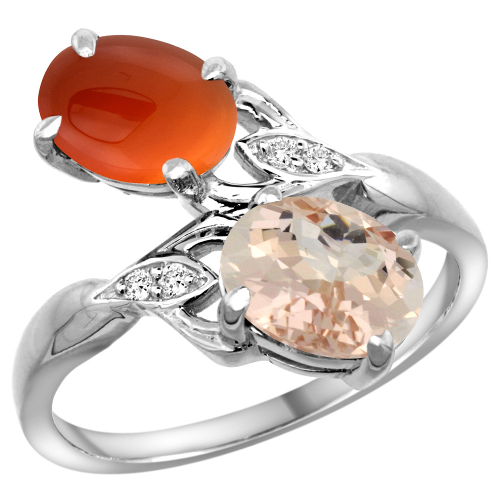 14K WHITE GOLD DIAMOND NATURAL MORGANITE & BROWN AGATE 2-STONE RING OVAL 8X6MM, SIZES 5 - 10