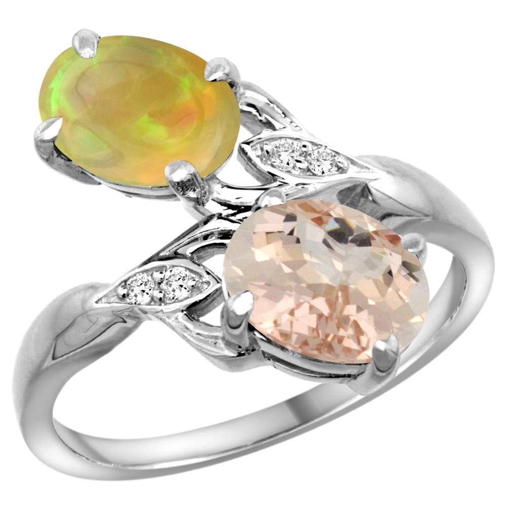 14k White Gold Diamond Natural Morganite &amp; Ethiopian Opal 2-stone Mothers Ring Oval 8x6mm, size 5 - 10