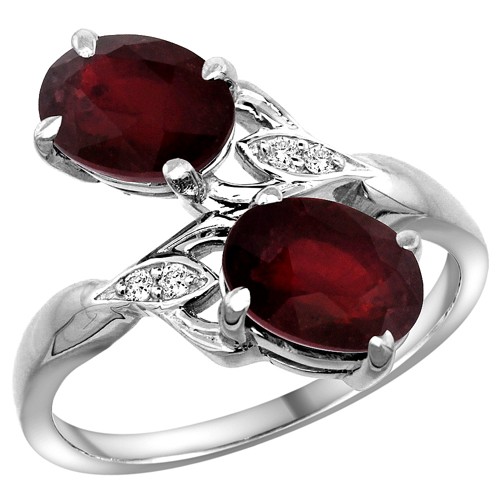 14K WHITE GOLD DIAMOND ENHANCED GENUINE RUBY 2-STONE RING OVAL 8X6MM, SIZES 5 - 10