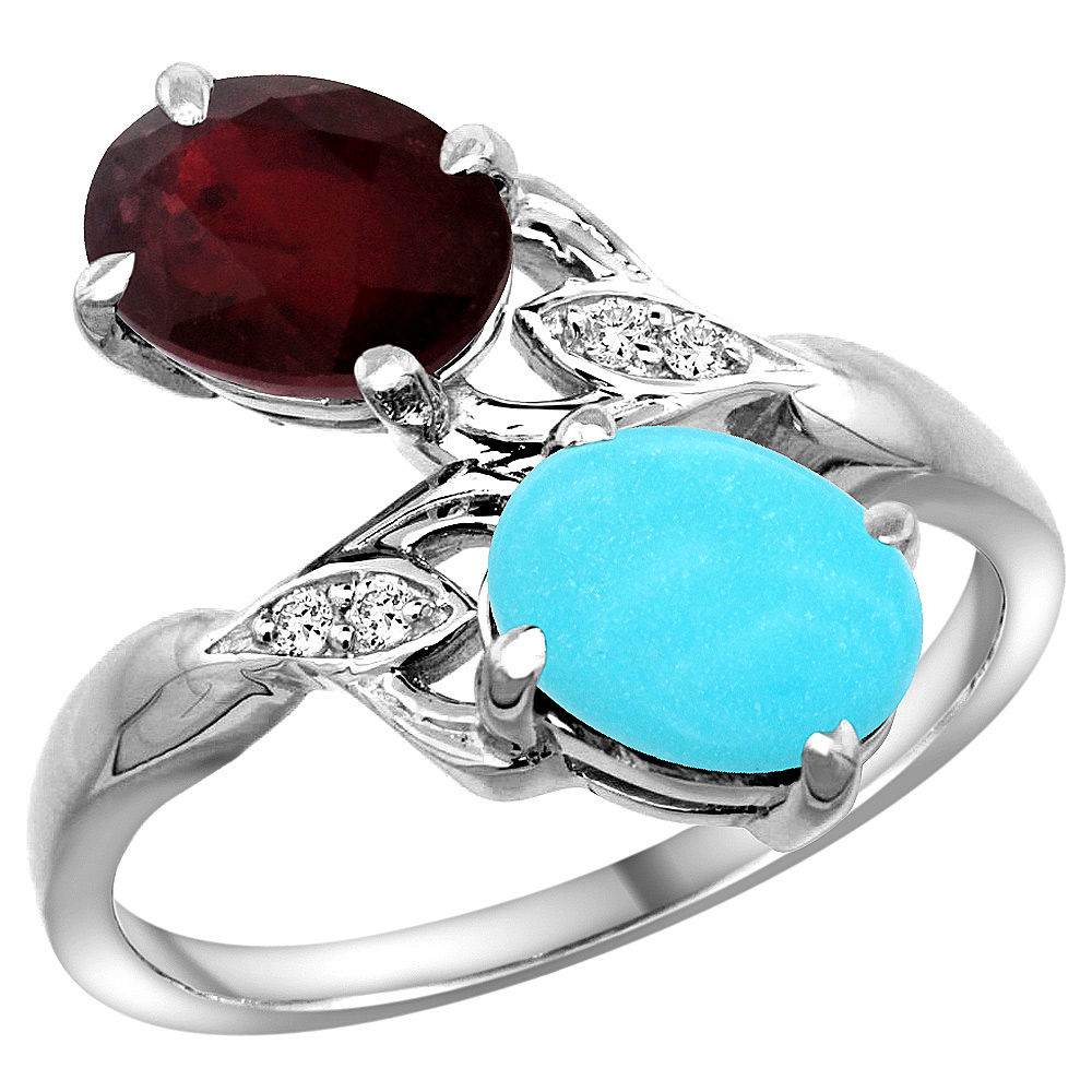 14k White Gold Diamond Enhanced Genuine Ruby &amp; Natural Turquoise 2-stone Ring Oval 8x6mm, sizes 5 - 10