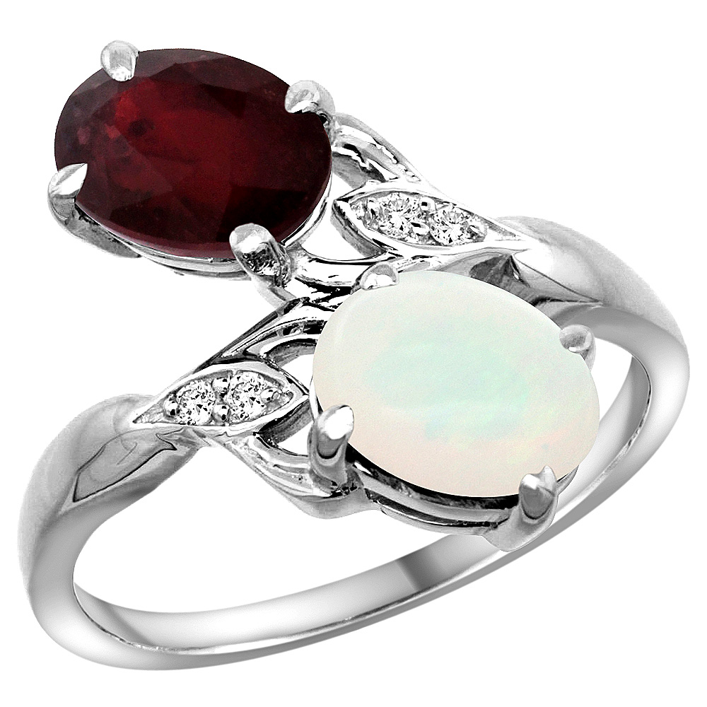 14K WHITE GOLD DIAMOND ENHANCED GENUINE RUBY & NATURAL OPAL 2-STONE RING OVAL 8X6MM, SIZES 5 - 10