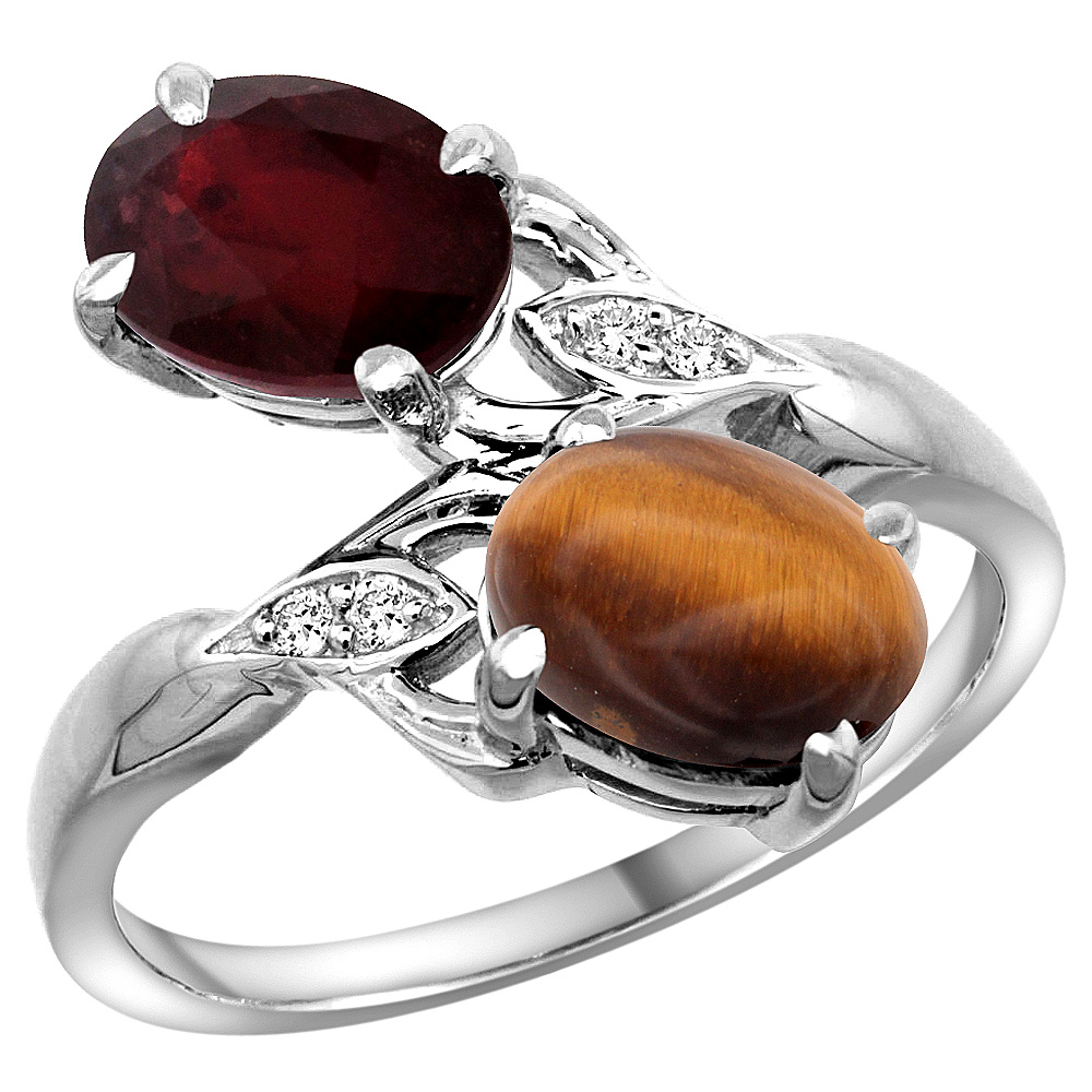 14k White Gold Diamond Enhanced Genuine Ruby &amp; Natural Tiger Eye 2-stone Ring Oval 8x6mm, sizes 5 - 10