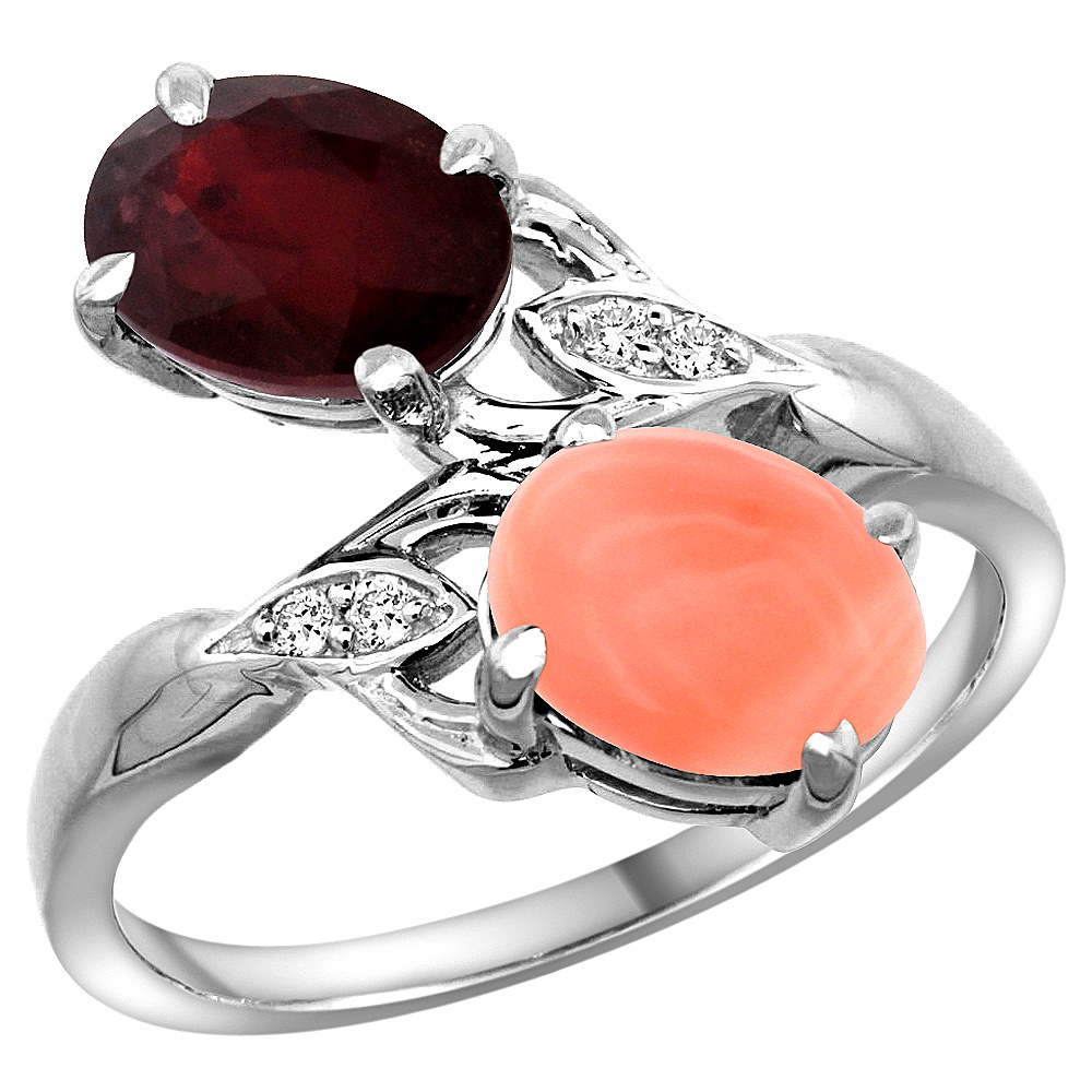 14k White Gold Diamond Enhanced Genuine Ruby &amp; Natural Coral 2-stone Ring Oval 8x6mm, sizes 5 - 10