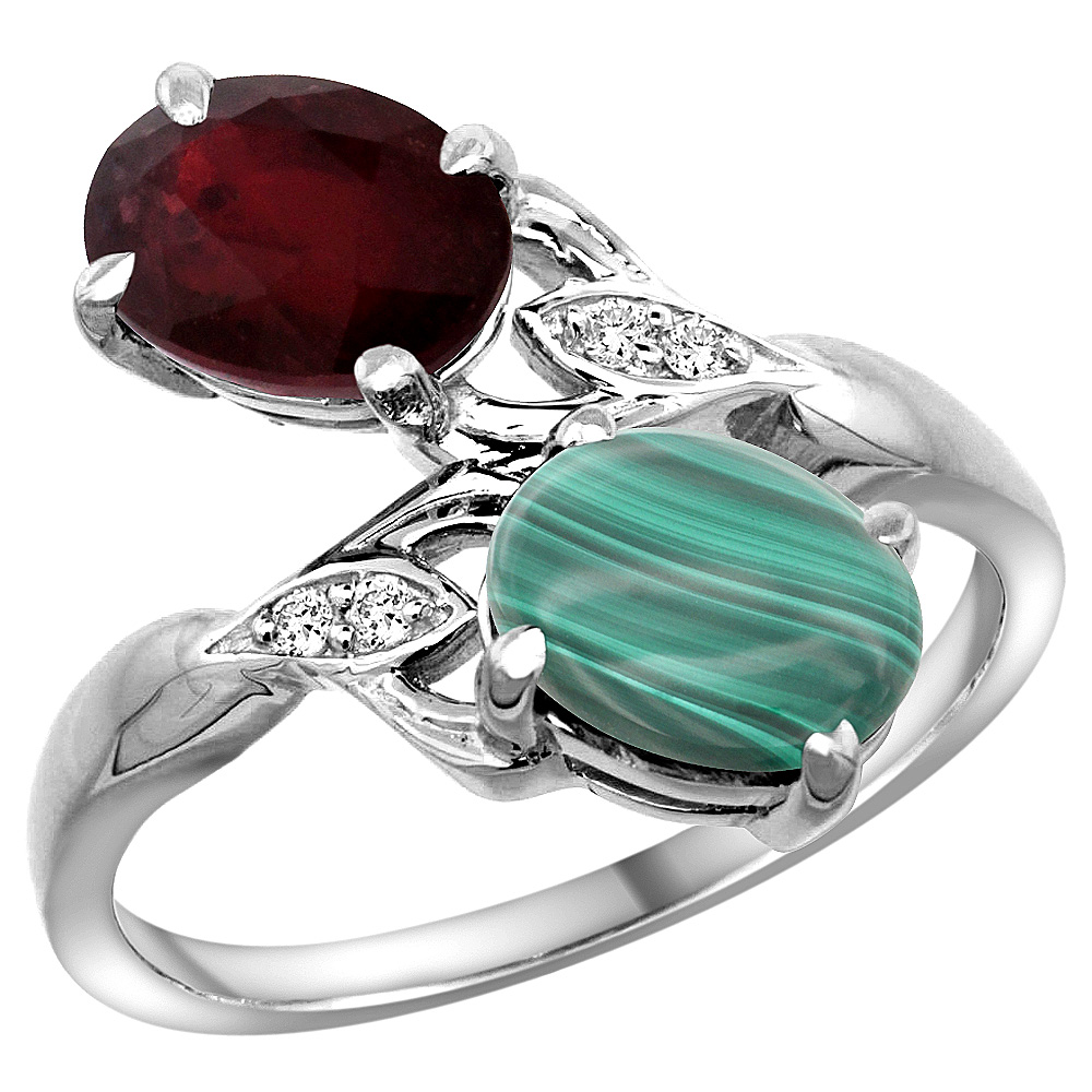 14K WHITE GOLD DIAMOND ENHANCED GENUINE RUBY & NATURAL MALACHITE 2-STONE RING OVAL 8X6MM, SIZES 5 - 10