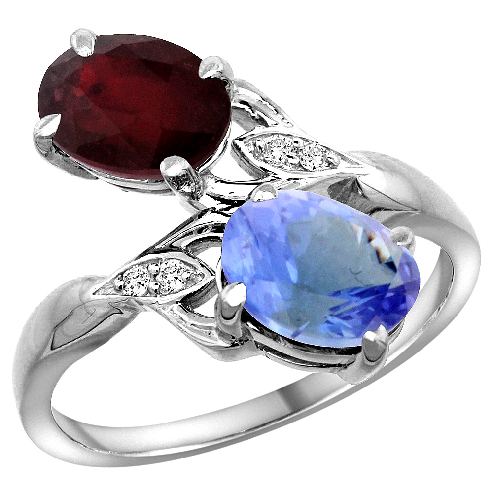 14K WHITE GOLD DIAMOND ENHANCED GENUINE RUBY & NATURAL TANZANITE 2-STONE RING OVAL 8X6MM, SIZES 5 - 10