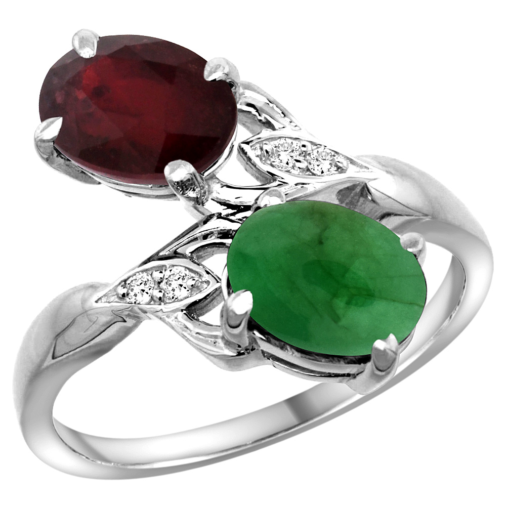 10K White Gold Diamond Enhanced Genuine Ruby &amp; Natural Cabochon Emerald 2-stone Ring Oval 8x6mm, sizes 5 - 10