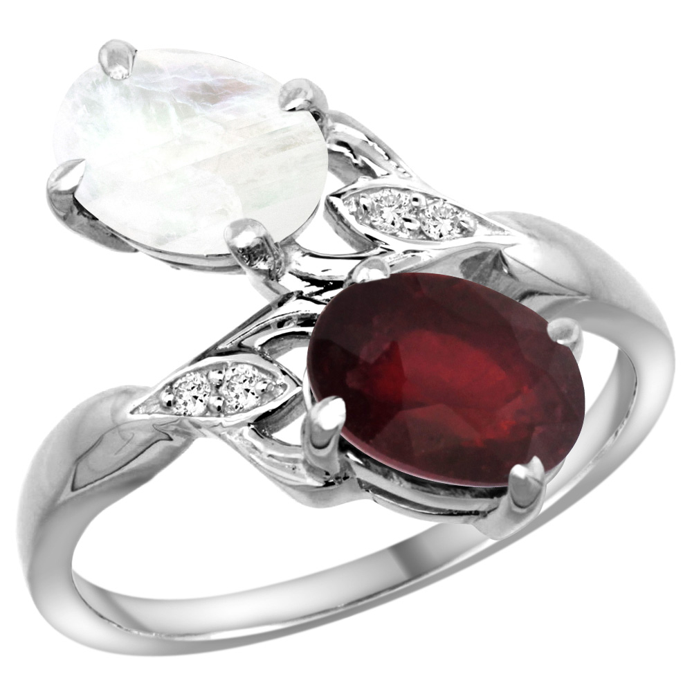 10K White Gold Diamond Enhanced Genuine Ruby & Natural Rainbow Moonstone 2-stone Ring Oval 8x6mm, sizes 5 - 10